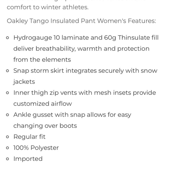 Oakley Tango Ski & Snowboarding Insulated Pants XS - Picture 15 of 15